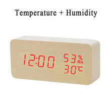 Load image into Gallery viewer, LED Wooden Alarm Clock Watch Table Voice Control Digital Wood Despertador Electronic Desktop USB/AAA Powered Clocks Table Decor
